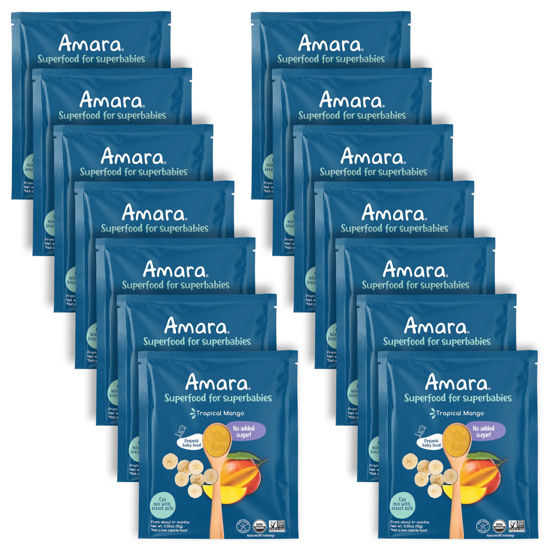 Picture of Amara Organic Baby Food - Stage 2 - Tropical Mango - Baby Cereal to Mix With Breastmilk, Water or Baby Formula - Shelf Stable Baby Food Pouches Made from Organic Fruit - 14 Pouches, 3.5oz Per Serving
