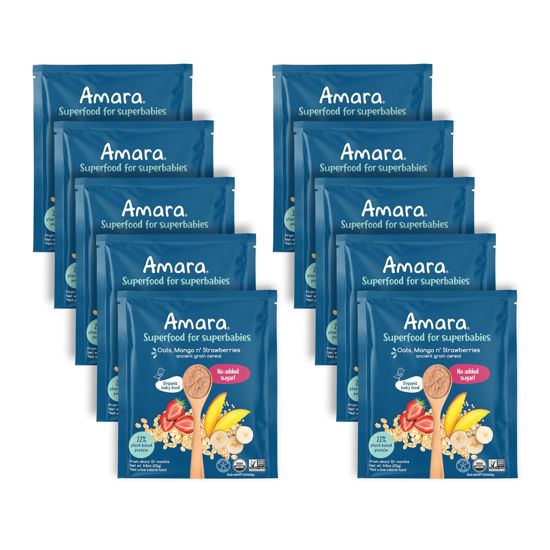 Picture of Amara Organic Baby Food - Stage 3 - Ancient Grain - Baby Cereal to Mix With Breastmilk, Water or Baby Formula - Shelf Stable Baby Food Pouches Made from Organic Fruit and Veggies - 10 Pouches, 3.9oz Per Serving