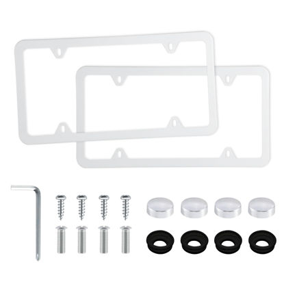 Picture of LivTee 4 Holes Stainless Steel License Plate Frames, 2 PCS Car Licence Plate Covers, Automotive Exterior Accessories Slim Design with Bolts Washer Caps for US Vehicles, White