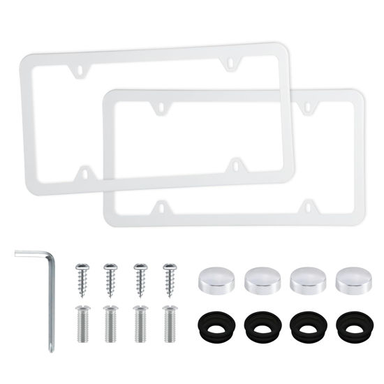 Picture of LivTee 4 Holes Stainless Steel License Plate Frames, 2 PCS Car Licence Plate Covers, Automotive Exterior Accessories Slim Design with Bolts Washer Caps for US Vehicles, White