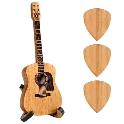Picture of Wooden Guitar Pick Box with Stand - 3PCS Unique Guitar Picks,Mini Storage Box for Guitarists,Musician Engraved Wooden Plectrum Case,Acoustic Guitar Box for Electric Bass Guitar Ukulele Lover