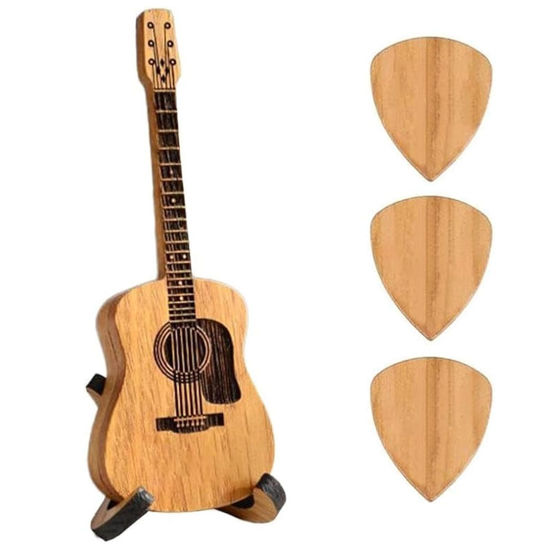 Picture of Wooden Guitar Pick Box with Stand - 3PCS Unique Guitar Picks,Mini Storage Box for Guitarists,Musician Engraved Wooden Plectrum Case,Acoustic Guitar Box for Electric Bass Guitar Ukulele Lover