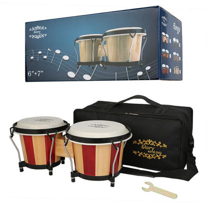 Picture of Glory Bongo Drums 6” and 7” Wood Percussion Instrument Bongos with bag and tuning Key,Double Color