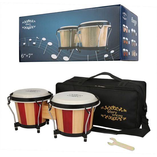 Picture of Glory Bongo Drums 6” and 7” Wood Percussion Instrument Bongos with bag and tuning Key,Double Color