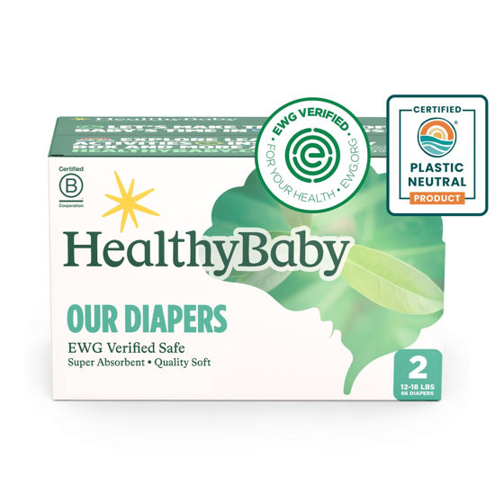 Picture of HealthyBaby Our Diapers | EWG Verified Safe & Plant-Based Diapers | Absorbent for Leak Protection | Soft Organic Cotton Shell | Chlorine-Free Diaper for Sensitive Skin | Size 2 (66 Diapers)