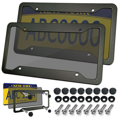 Picture of BGGTMO License Plate Frames Covers - Unbreakable Front Rear Car Plate Protector, Flat Car Tag & Black Aluminum Frame Holder with Screws Caps, 2 Sets