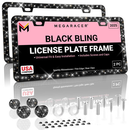 Picture of Black Bling License Plate Frames for Women | 2 Pack | Sparkly Rhinestone Black License Plate Frame | Bling Licence Plate Frame Holder Tag Car Plate Frame Cover Car License Plate Frame Men Porta Placas