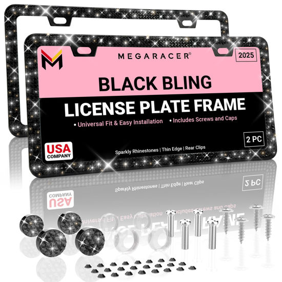 Picture of Black Bling License Plate Frames for Women | 2 Pack | Sparkly Rhinestone Black License Plate Frame | Bling Licence Plate Frame Holder Tag Car Plate Frame Cover Car License Plate Frame Men Porta Placas