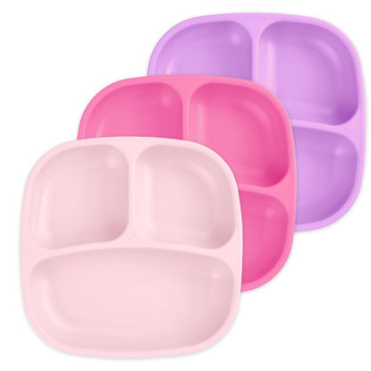 Picture of Re-Play Made in USA 7" Deep Walled Divided Plates for Kids, Set of 3 - Reusable 3 Compartment Plates, Dishwasher and Microwave Safe - 7.37" x 7.37" x 1.25", Princess