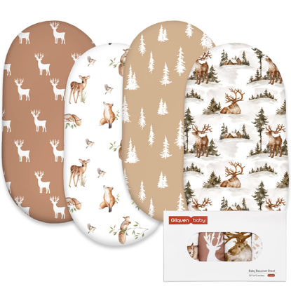 Picture of Gllquen Baby Bassinet Sheets 4 Pack, Breathable Cozy Fitted Mattress Sheet, Elastic Travel Crib Fashionable Floral Pattern, Standard Cradle Safe Sheets for Baby Boy Girls 32"X16" (Christmas elk)