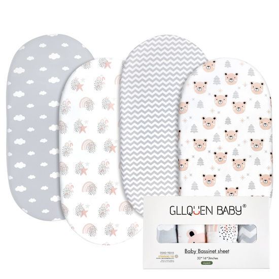 Picture of Gllquen Baby Bassinet Sheets 4 Pack, Breathable Cozy Fitted Mattress Sheet, Elastic Travel Crib Fashionable Floral Pattern, Standard Cradle Safe Sheets for Baby Boy Girls 32"X16"(Rainbow)