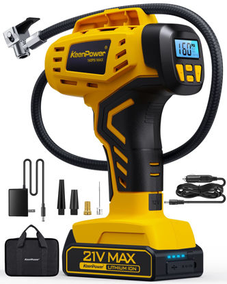 Picture of KeenPower Tire Inflator Portable Air Compressor - 2X Faster - 21V Rechargeable Battery Powered Handheld 160PSI Tire Inflator, Dual Power Supply Modes, Air Pump for Car Motorcycle E-Bike