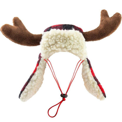 Picture of Huxley & Kent Pet Hat | Antler Buffalo Check (Extra-Large) | Festive Christmas Holiday Accessory for Dogs/Cats | Holiday Pet Hat | SnugFit Sliding Toggles for Best Fit
