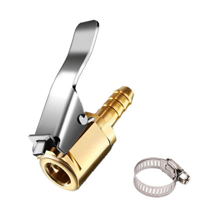 Picture of LDCRE Tire Air Chuck Adapter with Clip,1/4" Brass American Type Thread Pump Nozzle，Locking Tire Inflator Adapter Connect, Air Compressor Tire Chuck Hose End with Barb Connector for Hose Repair 1PC