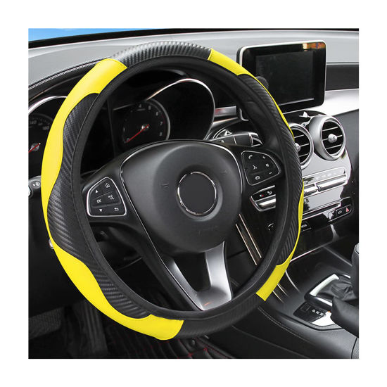Picture of Fekey&JF Car Steering Wheel Cover, Universal Microfiber PU Leather Elastic 15 inch Stitching Color Anti-Slip Steering Wheel Protector, Auto Interior Protection Accessories for Men Women (Yellow)