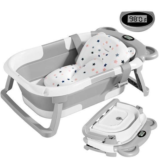Picture of TPN Collapsible Baby Bathtub for Infants to Toddler with Real-time Temp Monitor+Floating Cushion,Foldable Baby Bath Tub Set Applicable 0-36 Month,Perfect Portable Travel Baby Tub for Newborns Boy