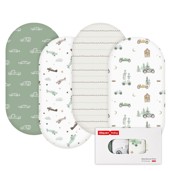 Picture of Gllquen Baby Bassinet Sheets 4 Pack, Breathable Cozy Fitted Mattress Sheet, Elastic Travel Crib Fashionable Floral Pattern, Standard Cradle Safe Sheets for Baby Boy Girls 32"X16" (Car)