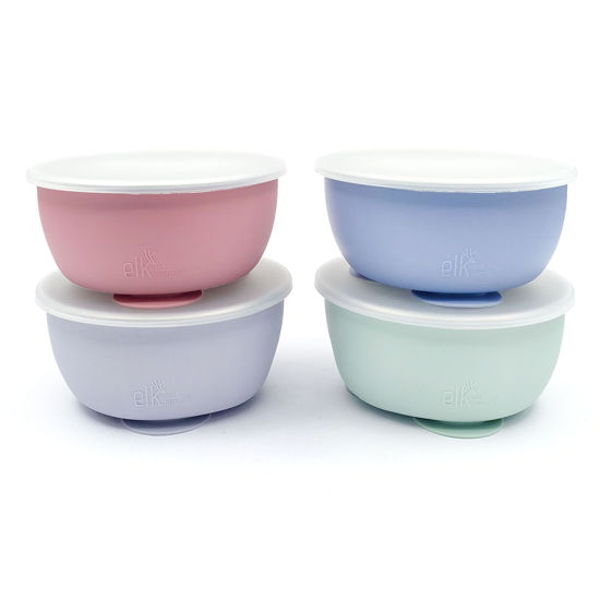 Picture of Elk and Friends Stainless Steel Bowls with Silicone Sleeve for Babies & Toddlers | Lids Included | Stay Put Suction | Cereal & Snack Bowls | 4 Pack