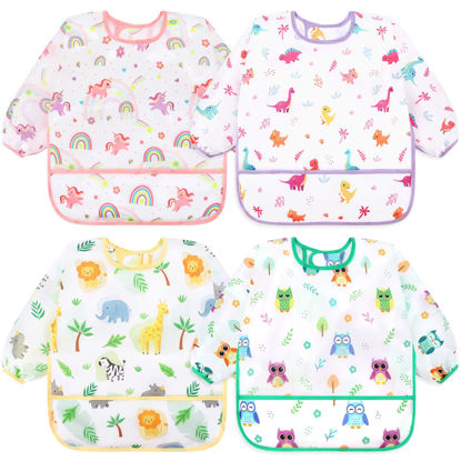 Picture of Accmor 4 Pack Long Sleeve Baby Bibs, Waterproof Sleeved Bib Smock for Baby Toddler 6-24 Months