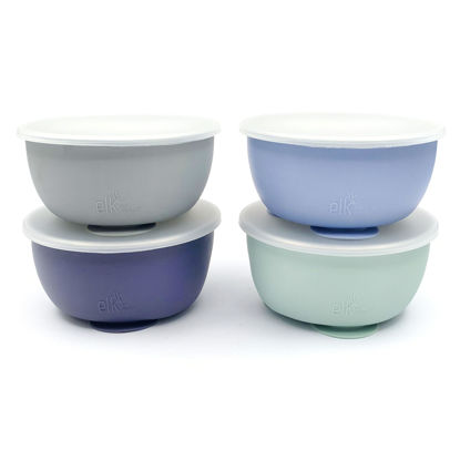 Picture of Elk and Friends Stainless Steel Bowls with Silicone Sleeve for Babies & Toddlers | Lids Included | Stay Put Suction | Cereal & Snack Bowls | 4 Pack