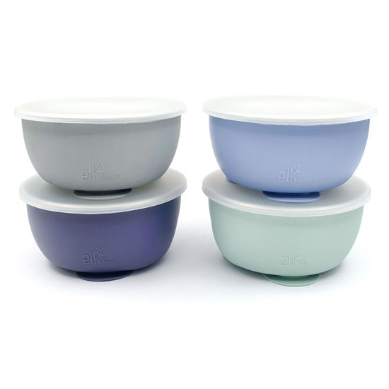 Picture of Elk and Friends Stainless Steel Bowls with Silicone Sleeve for Babies & Toddlers | Lids Included | Stay Put Suction | Cereal & Snack Bowls | 4 Pack