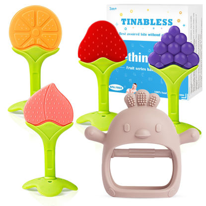 Picture of Teething Toys (5 Pack) - Tinabless Infant Teething Relief Toys&Teething Mitten Set, Food Grade Silicone Anti Dropping Wrist Hand Teethers Baby Chew Toys for Sucking Needs, Silicone Baby Teethers(Pink)
