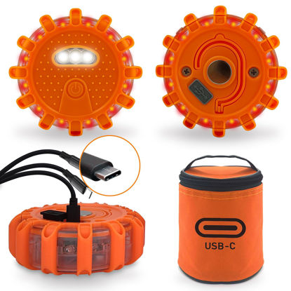 Picture of Ecoangel USB-C Rechargeable LED Road Flares Emergency Lights-Large Capacity (Lithium Battery) 3 in 1 Cable Roadside Warning Car Safety Beacon Flashing Disc Kit with Magnetic Base for Vehicles