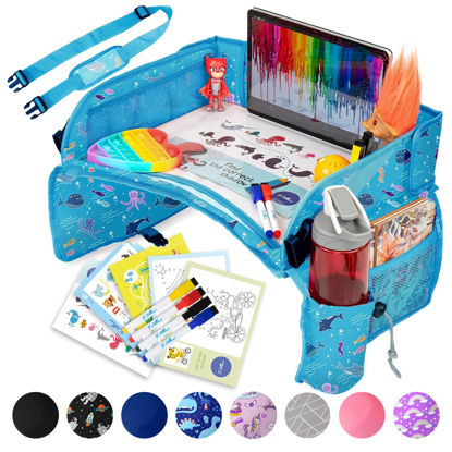 Picture of PILLANI Kids Travel Tray for Car - Car Seat Tray for Kids Travel, Car Trays for Kids Roadtrip Essentials, Carseat Table Tray for Kids Road Trip Activities - Toddler Lap Desk Organizer for Airplane