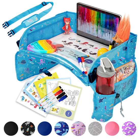 Picture of PILLANI Kids Travel Tray for Car - Car Seat Tray for Kids Travel, Car Trays for Kids Roadtrip Essentials, Carseat Table Tray for Kids Road Trip Activities - Toddler Lap Desk Organizer for Airplane