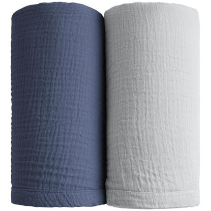 Picture of Konssy Muslin Swaddle Blankets for Boys Girls, 2 Pack Receiving Baby Blanket Large 47 x 47 inches, Soft Breathable Swaddling Wrap for Unisex Newborn (Navy, Grey)