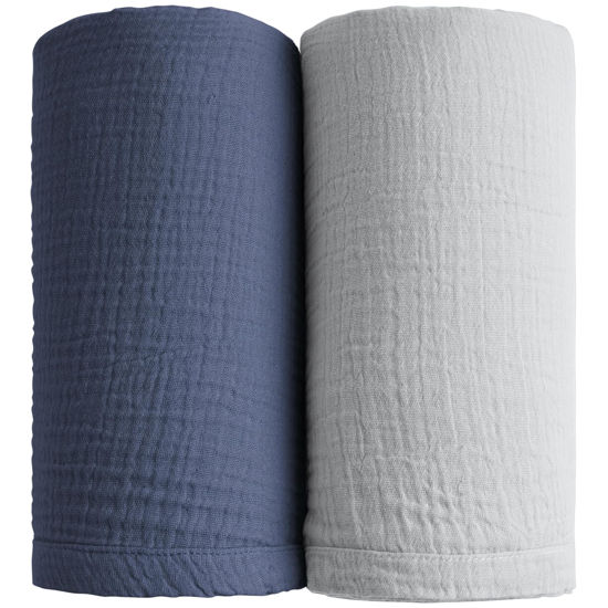 Picture of Konssy Muslin Swaddle Blankets for Boys Girls, 2 Pack Receiving Baby Blanket Large 47 x 47 inches, Soft Breathable Swaddling Wrap for Unisex Newborn (Navy, Grey)