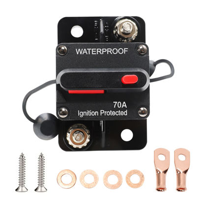 Picture of RED WOLF 70A Car Circuit Breaker w/Manual Reset Switch Inline Fuse Holder Inverter for Motor Trolling Vehicles Audio Radio Solar System Protection 12V-48V DC with Wire Lugs Copper Washer Screws