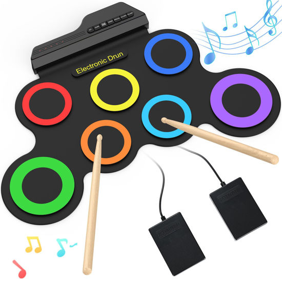 Picture of Rocktata® Electronic Drum Set, 7 Pad Roll-up Drum Kit with Headset Jack, Pedals, Drumsticks, Portable Kids Drum Set Practice Pad for Beginner (No Built-in Speaker)