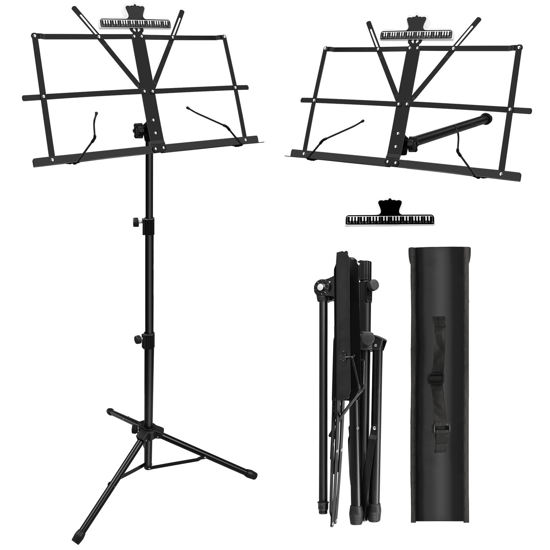 Picture of 1/2/4 Pack Music Stand, 2 in 1 Dual-Use Folding Sheet Music Stand, Lightweight Portable Adjustable Desktop Book Stand with Music Sheet Clip Holder & Carrying Bag(1 Pack Black)