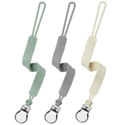 Picture of Silicone Pacifier Clip, Seposeve Pack of 3 Baby Pacifier Teether Clip with 4 Texture, Soft Flexible Silicone Pacifier Leashes & Cases for Boy and Girl, Keeps Pacifier Clean, Green Grey White