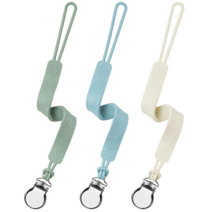 Picture of Silicone Pacifier Clip, Seposeve Pack of 3 Baby Pacifier Teether Clip with 4 Texture, Soft Flexible Silicone Pacifier Leashes & Cases for Boy and Girl, Keeps Pacifier Clean, Green Blue White
