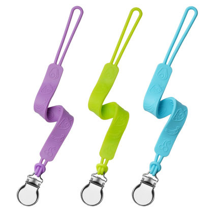 Picture of Silicone Pacifier Clip, Seposeve Pack of 3 Baby Pacifier Teether Clip with 4 Texture, Soft Flexible Silicone Pacifier Leashes & Cases for Boy and Girl, Keeps Pacifier Clean, Light Purple Green Blue