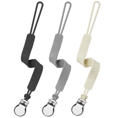 Picture of Silicone Pacifier Clip, Seposeve Pack of 3 Baby Pacifier Teether Clip with 4 Texture, Soft Flexible Silicone Pacifier Leashes & Cases for Boy and Girl, Keeps Pacifier Clean, Black Grey White
