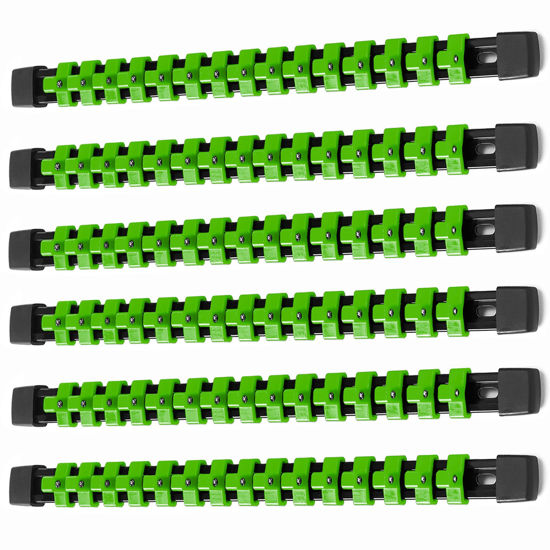 Picture of ALOANES 6 PC ABS Socket Organizer, 3/8 inch, Drive Socket Rail Holders, Heavy Duty Socket Racks, Black Rails with Green Clips