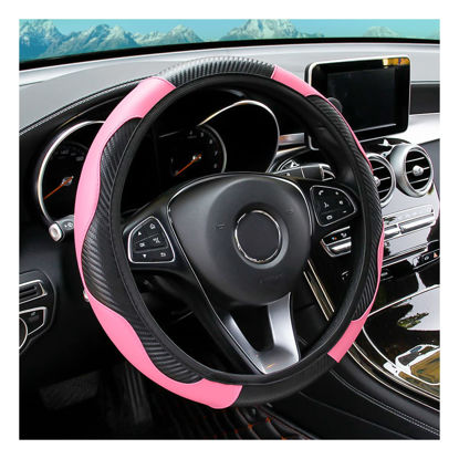Picture of Car Steering Wheel Cover, Universal Microfiber PU Leather Elastic 15 inch Stitching Color Anti-Slip Steering Wheel Protector, Car Interior Accessories for Men Women (Black/Pink)