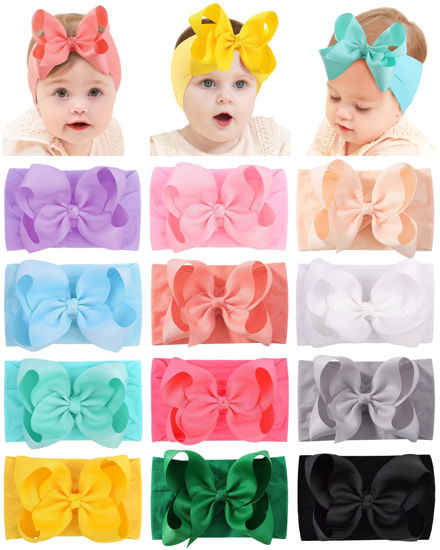 Picture of doboi Baby Girl Headbands, 12pcs Nylon Headbands with Big Baby Bows, Hair Accessories for Infant Newborn Toddler