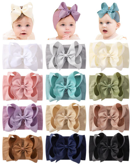 Picture of doboi 12pcs Big Baby Bows Baby Girl Headbands Ribbon Bow Hair Accessories Nylon Headband Bows for Baby Girls Infant Newborn Toddler