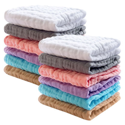 Picture of SWEET DOLPHIN 12 Pack Baby Muslin Washcloths - Soft Face Cloths for Newborn, Absorbent Bath Wash Cloths, Wipes, Burp Rag - Toddlers Essentials Stuff, Baby Registry as Shower -10"x10", Multicolor