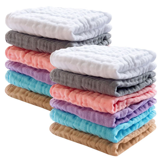 Picture of SWEET DOLPHIN 12 Pack Baby Muslin Washcloths - Soft Face Cloths for Newborn, Absorbent Bath Wash Cloths, Wipes, Burp Rag - Toddlers Essentials Stuff, Baby Registry as Shower -10"x10", Multicolor