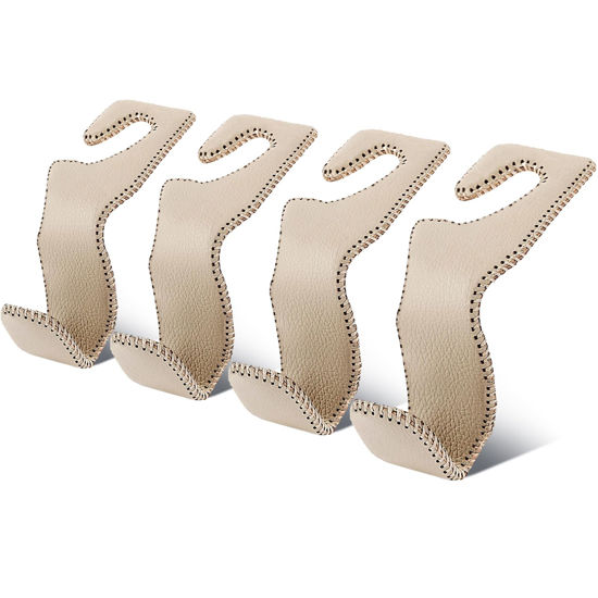 Picture of EldHus Car Seat Hooks for Purses and Bags, 4 Pack Car Purse Holder for Grocery Bag Handbag Clothes, Metal Headrest Hooks Covered by Leather, Beige