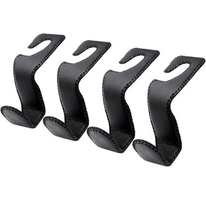 Picture of EldHus Seat Hooks for Purses and Bags, 4 Pack Car Purse Holder for Grocery Bag Handbag Clothes, Metal Headrest Hooks Covered by Leather, Black