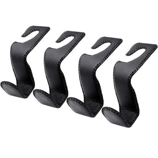 Picture of EldHus Seat Hooks for Purses and Bags, 4 Pack Car Purse Holder for Grocery Bag Handbag Clothes, Metal Headrest Hooks Covered by Leather, Black