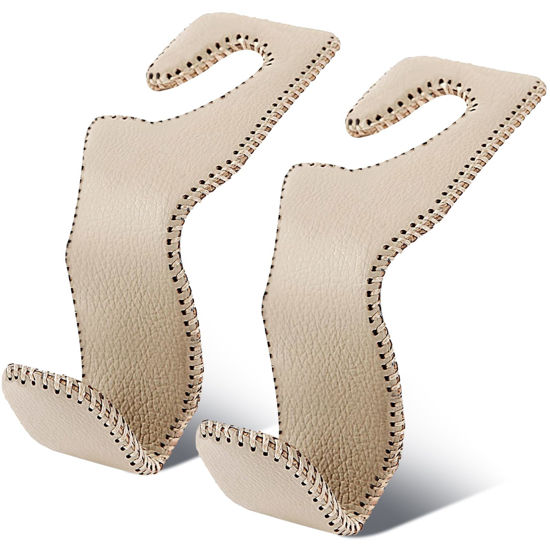 Picture of EldHus Car Seat Hooks for Purses and Bags, 2 Pack Car Purse Holder for Grocery Bag Handbag Clothes, Metal Headrest Hooks Covered by Leather, Beige