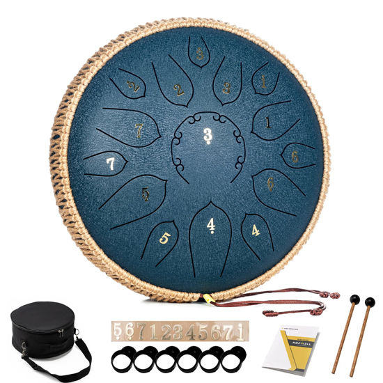 Picture of HOPWELL Steel Tongue Drum - 15 Note 12 Inch Tongue Drums - Percussion Instruments - Hand Pan Drum with Music Book, Drum Mallets and Carry Bag, D Major, Navy Blue