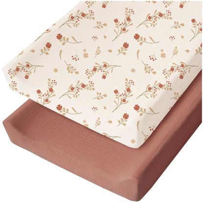 Picture of Konssy Muslin Changing Pad Cover for Baby Girls Boys, 100% Cotton Fitted Diaper Chang Table Covers, Soft Breathable Changing Pad Sheets, 2 Pack (Chestnut, Posy)